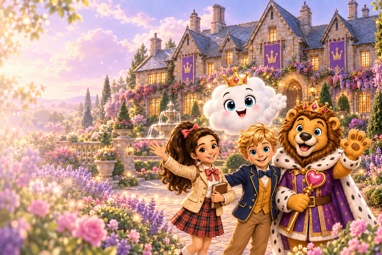 The illustrated Manor garden with Myla, Riley, Queen Marshmallow and Sir Braveheart.
